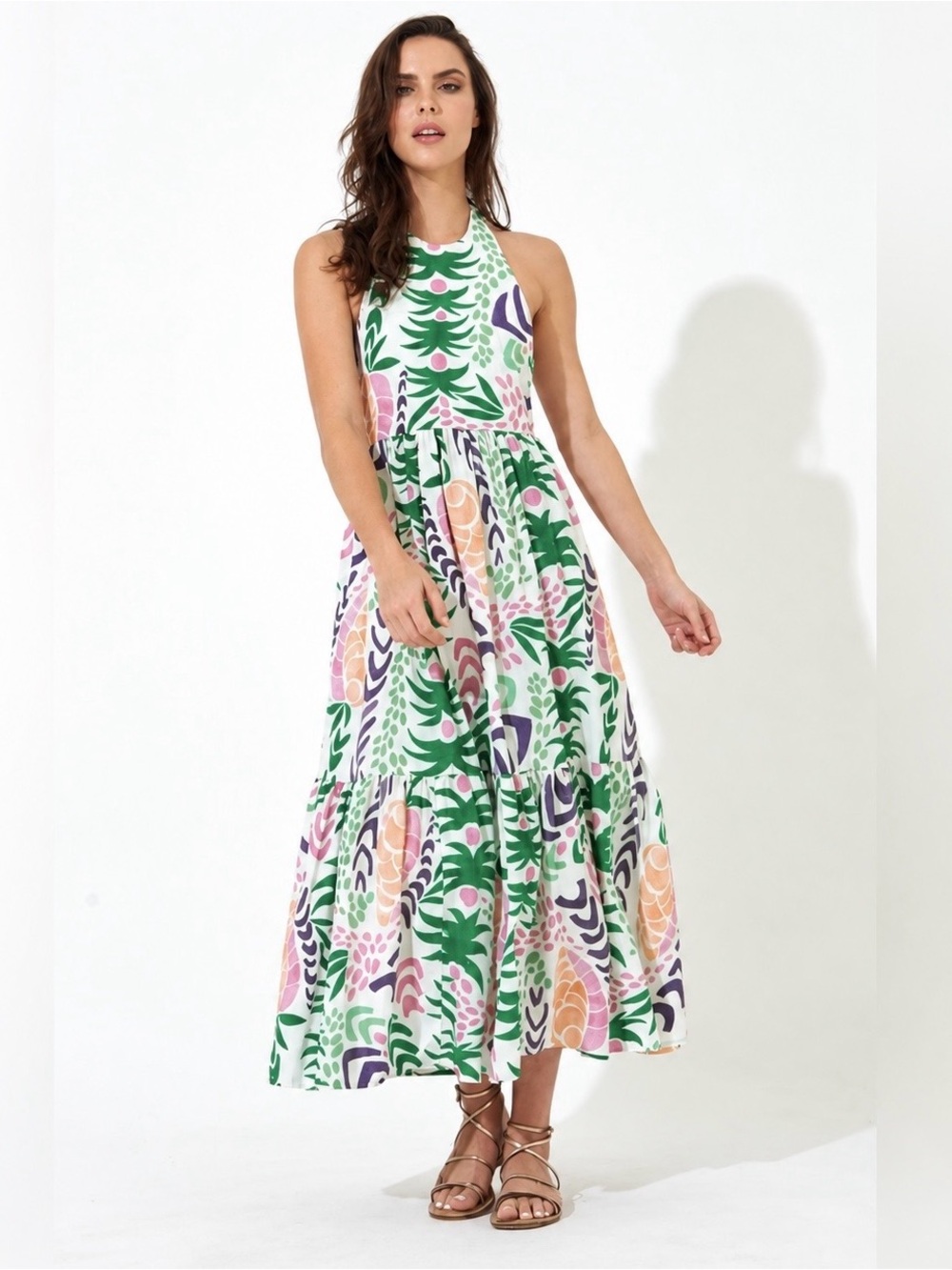 Oliphant Grenadine White Halter Maxi Dress Green Floral Size S
